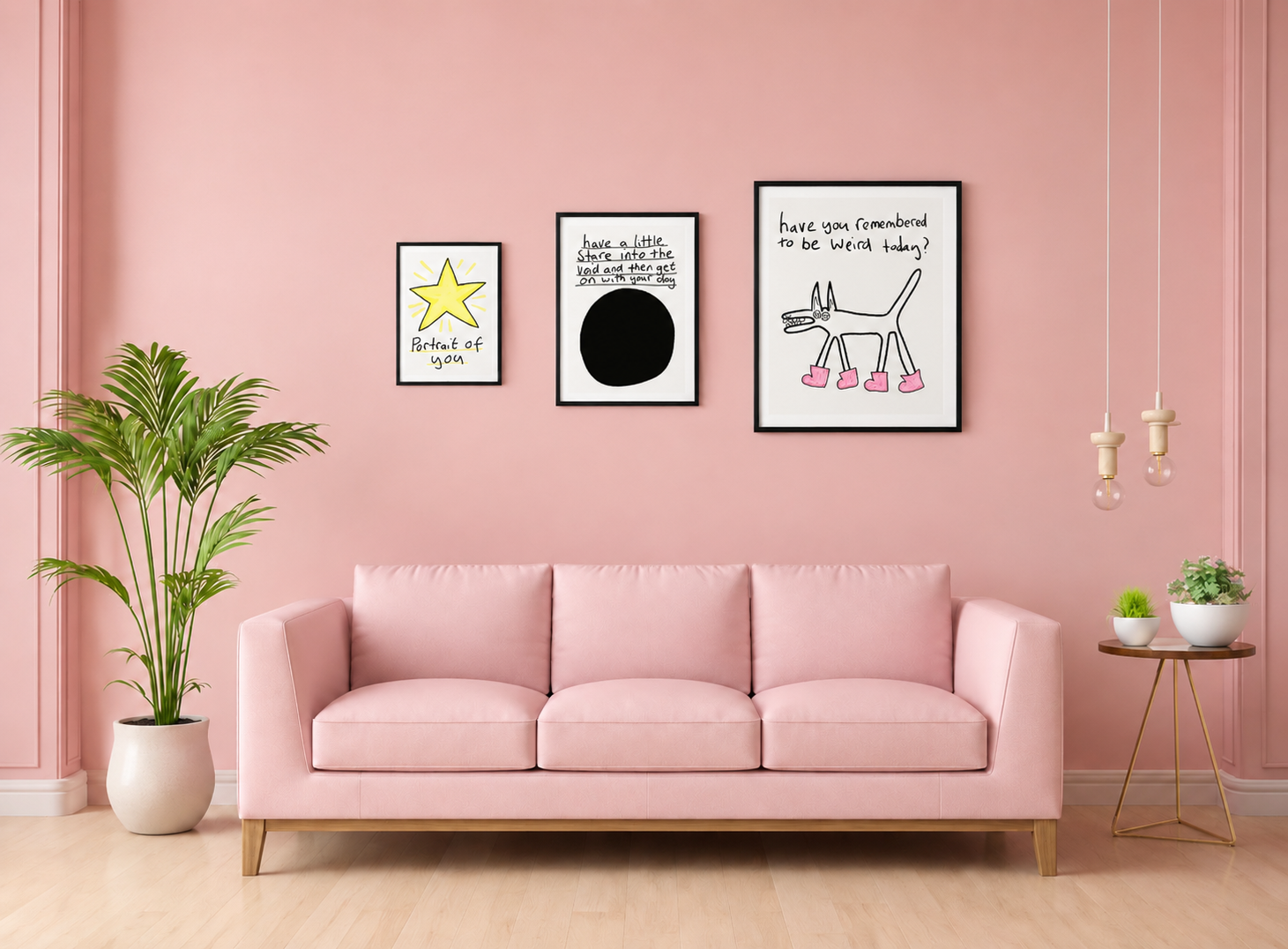 Pink living room with a sofa, decorative plants, and framed pictures on a pink wall.